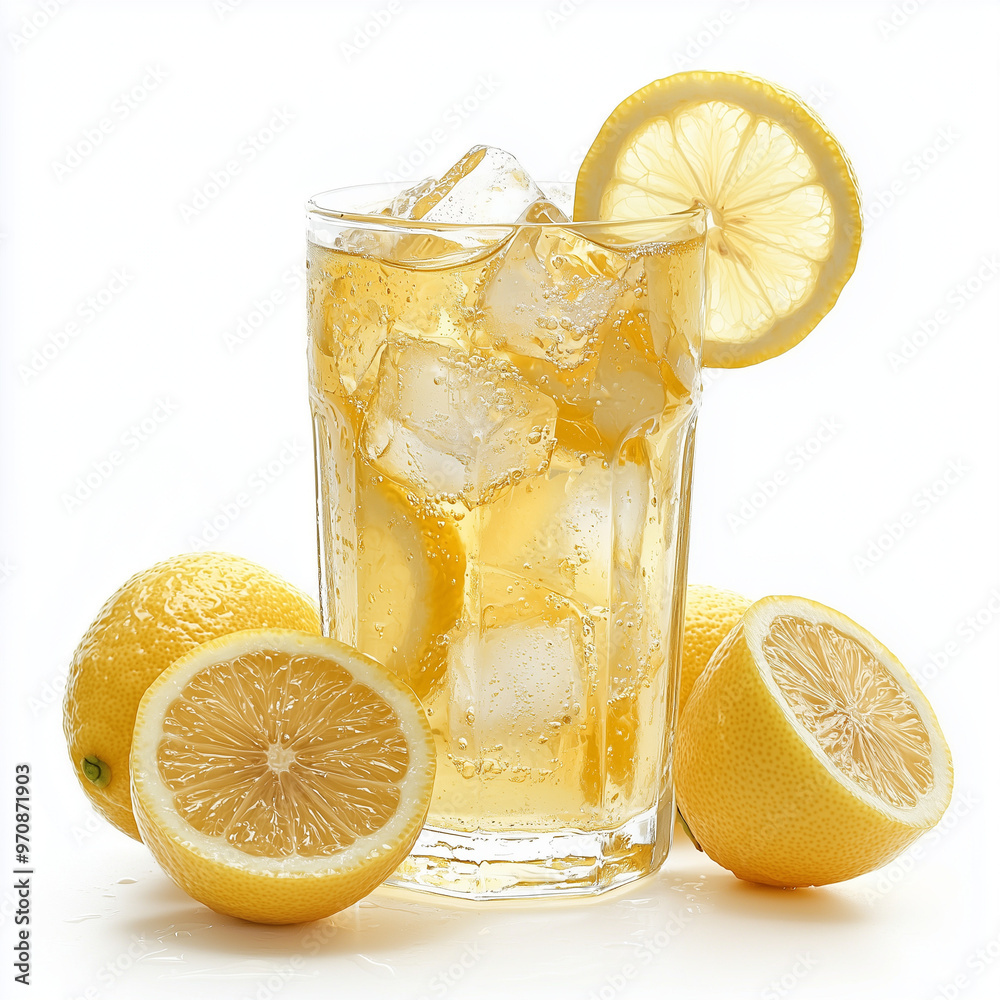 A refreshing glass of lemonade with ice cubes and a lemon slice, isolated on a white background A refreshing glass of lemonade with ice cubes and a lemon slice, isolated on a white background