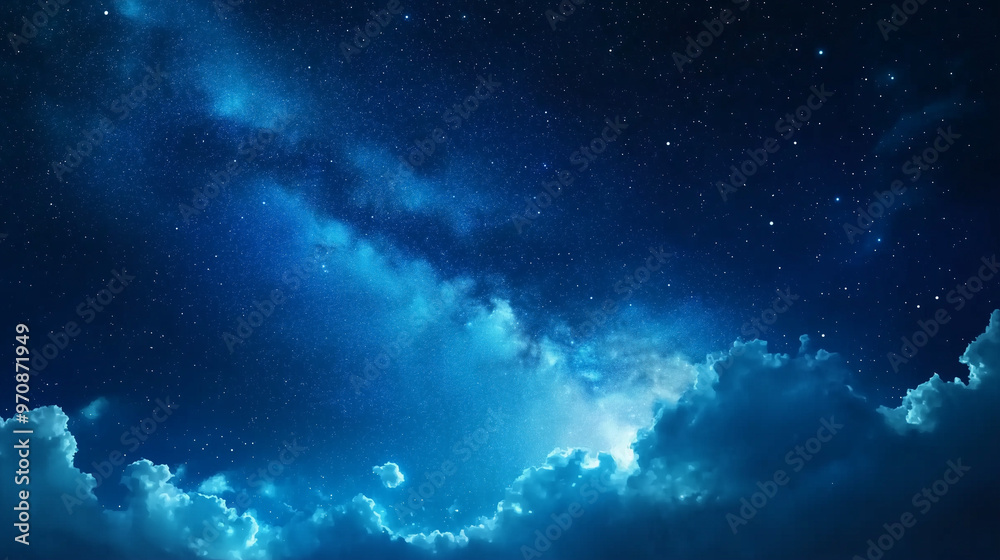 Fototapeta premium Celestial Serenity: A breathtaking vista of a star-studded night sky, where ethereal clouds frame the celestial tapestry, inviting contemplation and wonder. 