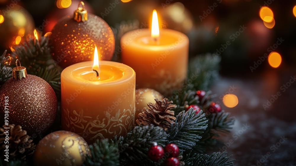 Warmly lit candles surrounded by festive ornaments and pine, creating a cozy holiday ambiance. Warmly lit candles surrounded by festive ornaments and pine, creating a cozy holiday ambiance.