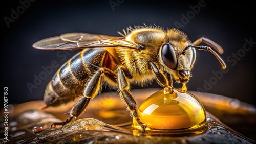 Macro close-up of a honey bee's translucent venom sac, containing yellowish liquid, attached to a pointed stinger, set against a dark blurred background. photo