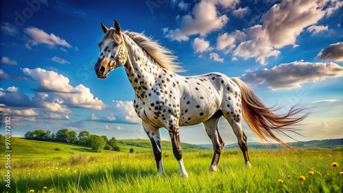 Majestic Appaloosa horse with distinctive spotted coat pattern, Muscular build, and flowing mane, grazing peacefully in a lush green meadow under a sunny blue sky. photo