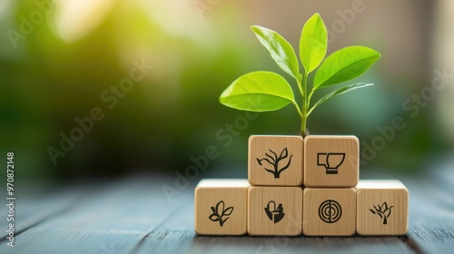 A small green plant growing out of a stack of wooden blocks, each with a different environmental icon, against a blurred background of nature.