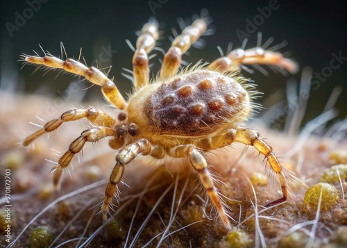 Microscopic close-up of Sarcoptes scabiei, a tiny parasitic arachnid causing intense itching and skin infestations, with eight legs and oval-shaped body. photo