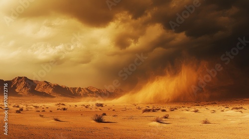 Vast desert wasteland  a harsh landscape with swirling sandstorms and barren dunes