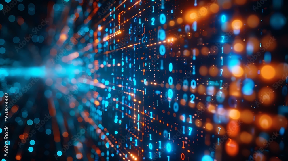 A close-up view of a computer screen displaying flowing binary code in blue with a futuristic digital interface in the background