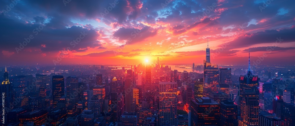 Fototapeta premium Ultra-sharp photo of a bustling city skyline at night, with towering skyscrapers and twinkling lights, capturing the vibrant energy and life of the metropolis.