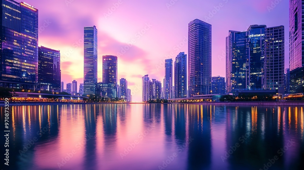 Stunning urban skyline at dusk with colorful reflections on the water and towering skyscrapers under a purple sky.