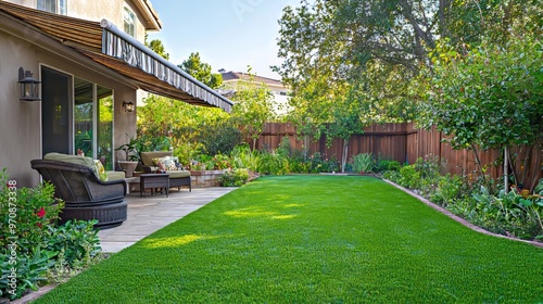 Stunning patio area with chairs and tables in front of a house showing California living on a sunny day. The lush grass and blue sky enhance this serene outdoor space captured in high resolution.