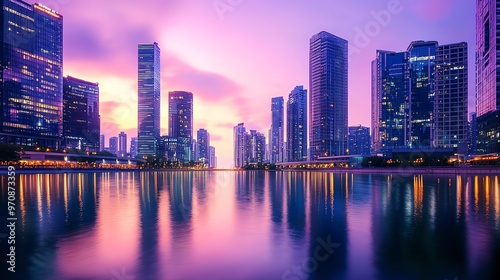 Stunning urban skyline at dusk with colorful reflections on the water and towering skyscrapers under a purple sky.