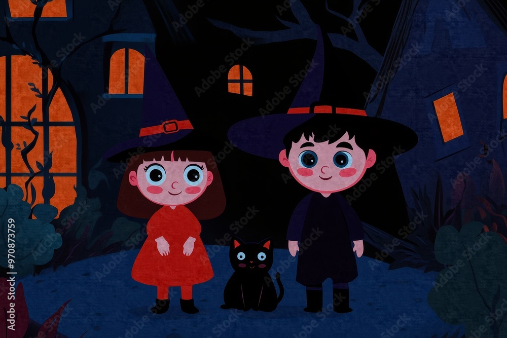 Halloween illustration for children featuring a witch costume and a vampire costume, a black cat, and a pumpkin lantern Halloween illustration for children featuring a witch costume and a vampire costume, a black cat, and a pumpkin lantern