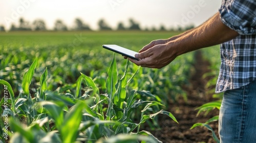 A farmer in a field of corn checks his tablet for information.