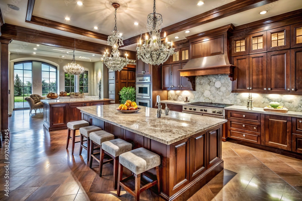 Opulent marble countertops and crystal chandeliers adorn a lavish kitchen with sleek appliances, rich wood tones, and sprawling island perfect for gourmet entertaining. Opulent marble countertops and crystal chandeliers adorn a lavish kitchen with sleek appliances, rich wood tones, and sprawling island perfect for gourmet entertaining.