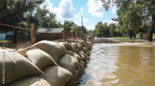 Sandbags are useful in keeping floodwaters out of towns. Procedure for protecting against flooding photo