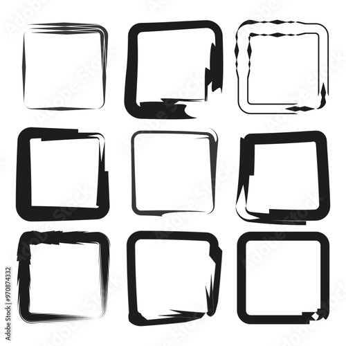 Distorted square frame set. Abstract black shapes. Nine unique variations. Dynamic edgy style.