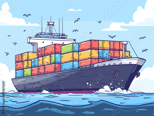 Cartoon Illustration: An Enchanting Journey of Global Trade, Depicting the Flow of Goods Across Borders