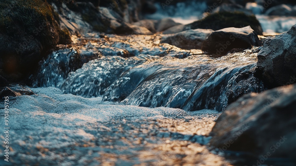 Naklejka premium A calming close-up of a peaceful mountain stream with rhythmic flowing water, gentle lighting,