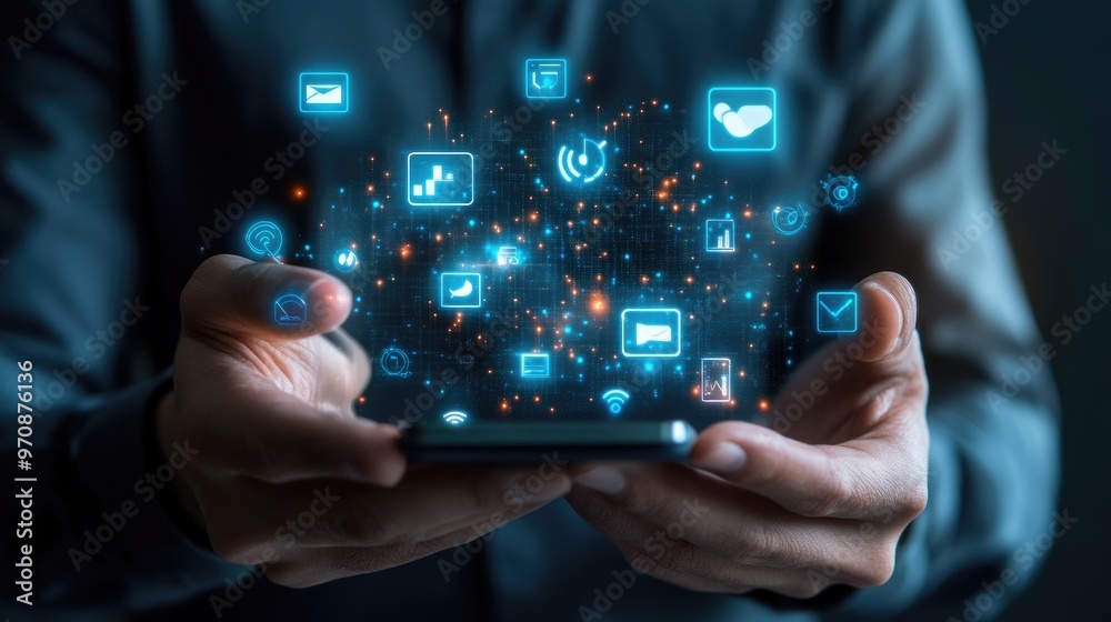 A person holding a smartphone with glowing icons of social media, email, and internet communication floating above it.