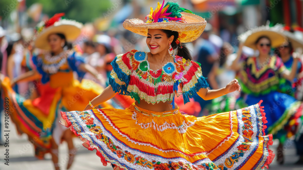Woman in colorful traditional dress dancing at a latin american street festival Woman in colorful traditional dress dancing at a latin american street festival