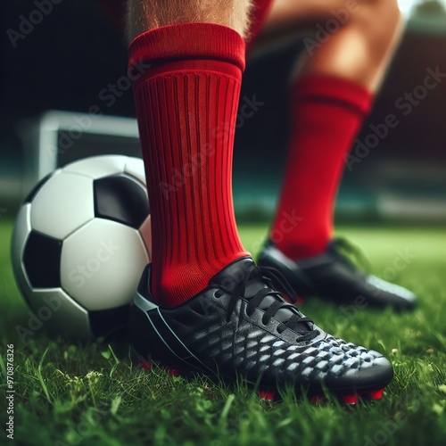 Soccer Action Player with Ball on Pitch | Close-Up of Football Cleats and Ball on Grass | Soccer Player Ready to Kick with Ball on Field | high resolution large image at 300 DPI photo