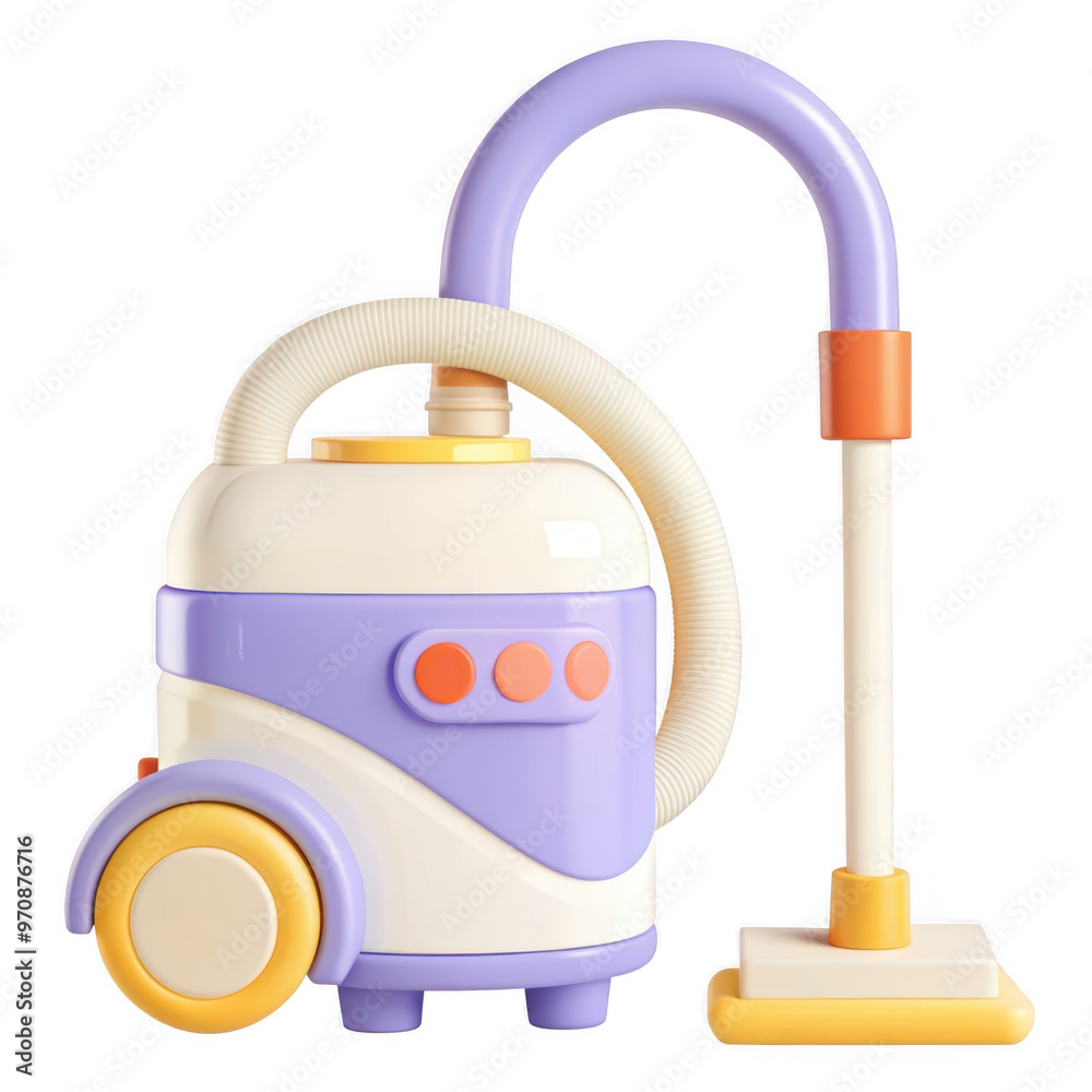 This is a pastelcolored 3D rendered model of a vacuum cleaner featuring a playful design and vibrant colors including purple yellow and orange components against a white background