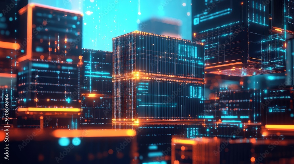 Abstract city made of glowing digital data blocks in a futuristic setting. Abstract city made of glowing digital data blocks in a futuristic setting.