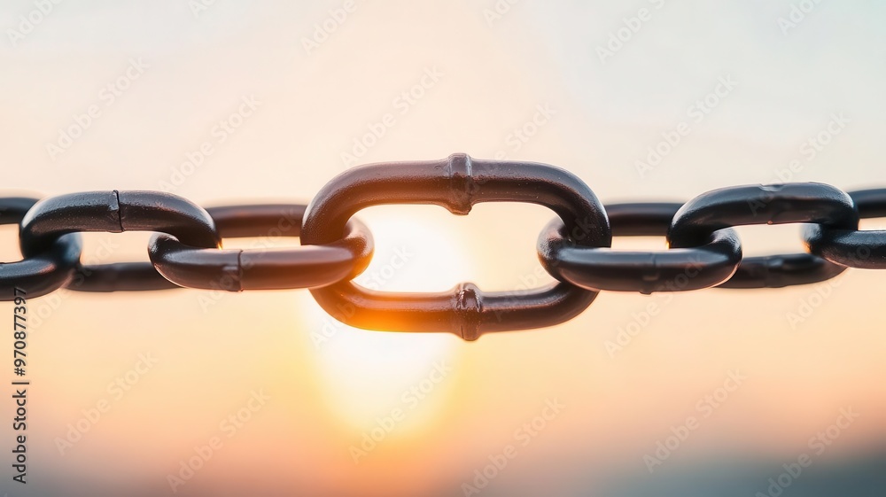 Broken black chain against a backdrop of a rising sun, symbolizing hope and a new dawn Broken black chain against a backdrop of a rising sun, symbolizing hope and a new dawn