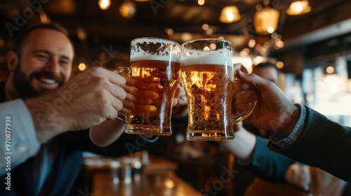 Group of men in business suits raising their glasses of beer, smiling and clinking glasses to celebrate successfully completed project, deal. photo