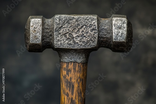 Closeup of a Worn Steel Hammer Head with a Wooden Handle