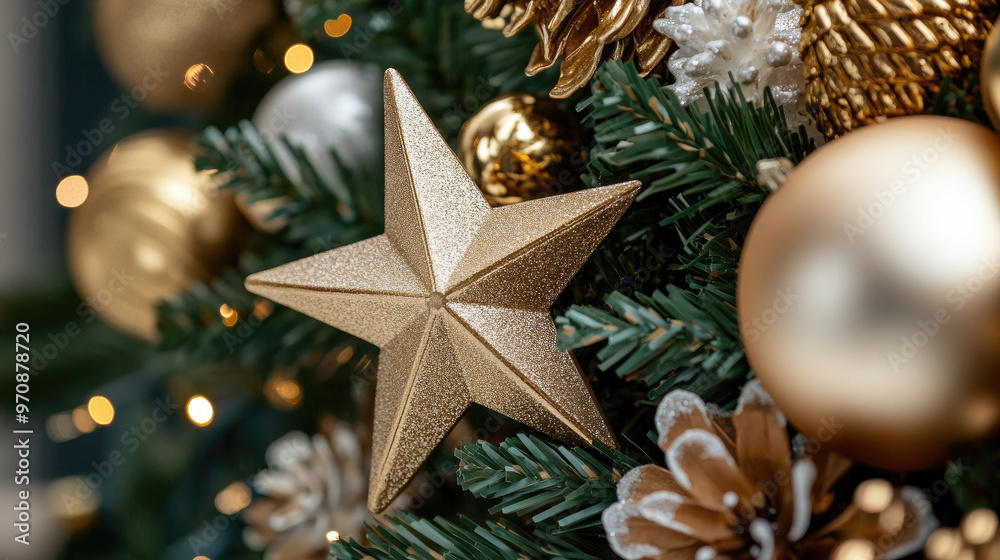 A close up of star shaped ornament on holiday tree, surrounded by golden decorations and pine branches, creating festive and warm atmosphere A close up of star shaped ornament on holiday tree, surrounded by golden decorations and pine branches, creating festive and warm atmosphere