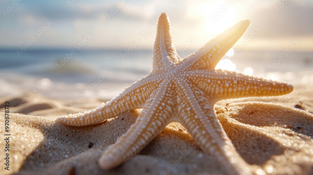 A close up of starfish on sandy beach under beautiful sunset, capturing serene beauty of nature. soft sand and gentle waves create peaceful atmosphere A close up of starfish on sandy beach under beautiful sunset, capturing serene beauty of nature. soft sand and gentle waves create peaceful atmosphere
