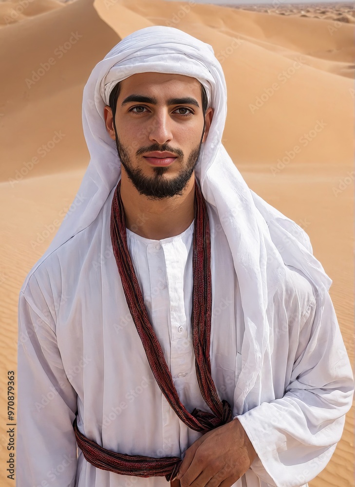 A portrait of a young Arab man in traditional attire, standing in the desert. He wears a white robe and a red and white headscarf, with endless sand dunes stretching into the background. A portrait of a young Arab man in traditional attire, standing in the desert. He wears a white robe and a red and white headscarf, with endless sand dunes stretching into the background.