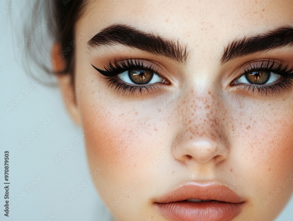 beautiful girl model looking straight ahead, eye makeup: clearly defined cat eye eyeliner, thick eyebrows emphasizing facial features, brown eyes, commercial shooting beautiful girl model looking straight ahead, eye makeup: clearly defined cat eye eyeliner, thick eyebrows emphasizing facial features, brown eyes, commercial shooting