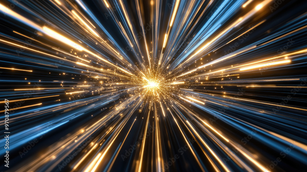 A glowing starburst effect radiates from central point against dark background, creating dynamic and vibrant visual experience. interplay of blue and gold hues adds depth and excitement to scene A glowing starburst effect radiates from central point against dark background, creating dynamic and vibrant visual experience. interplay of blue and gold hues adds depth and excitement to scene
