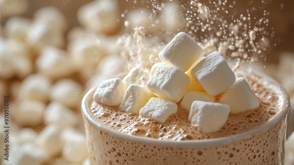 A close-up of a frothy drink topped with marshmallows, surrounded by scattered marshmallows. A close-up of a frothy drink topped with marshmallows, surrounded by scattered marshmallows.