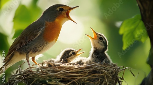 Mother Robin Feeding Her Chicks in a Nest