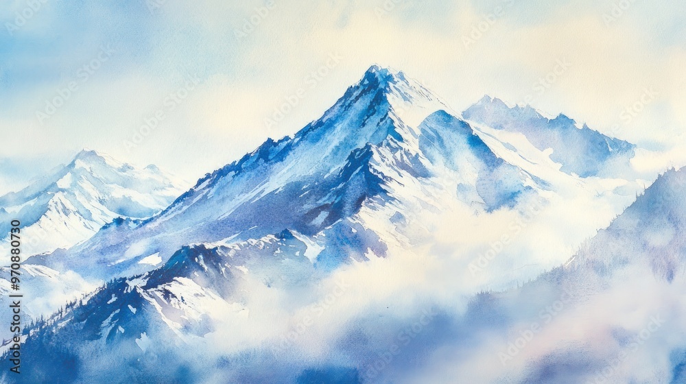 Watercolor painting of snow-capped mountains with fog and clouds. Watercolor painting of snow-capped mountains with fog and clouds.