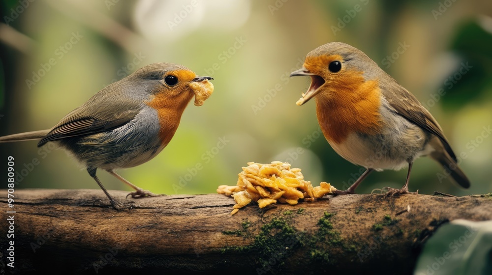 Two Robins on a Branch Sharing a Snack Two Robins on a Branch Sharing a Snack