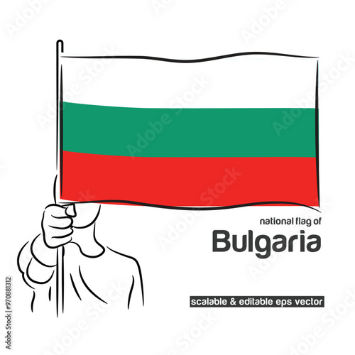 Scalable and editable eps vector Outline line stroke contour art of person hand fist holding national waving flag of Bulgaria