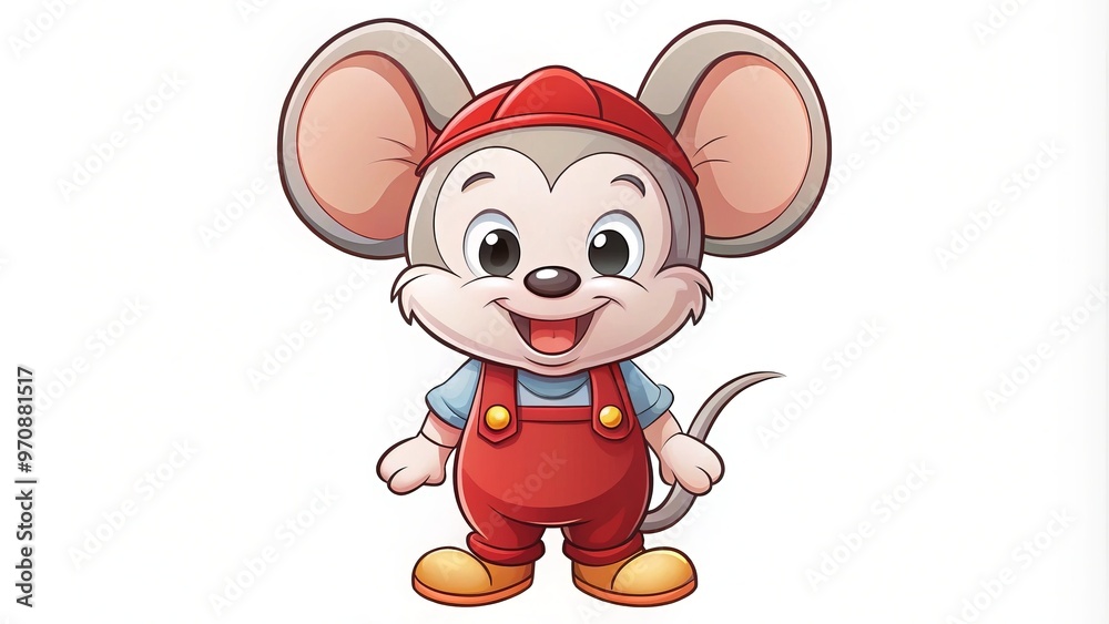 This adorable hand-drawn mouse wears bright red overalls adorned with small white buttons and emblazoned with a red This adorable hand-drawn mouse wears bright red overalls adorned with small white buttons and emblazoned with a red