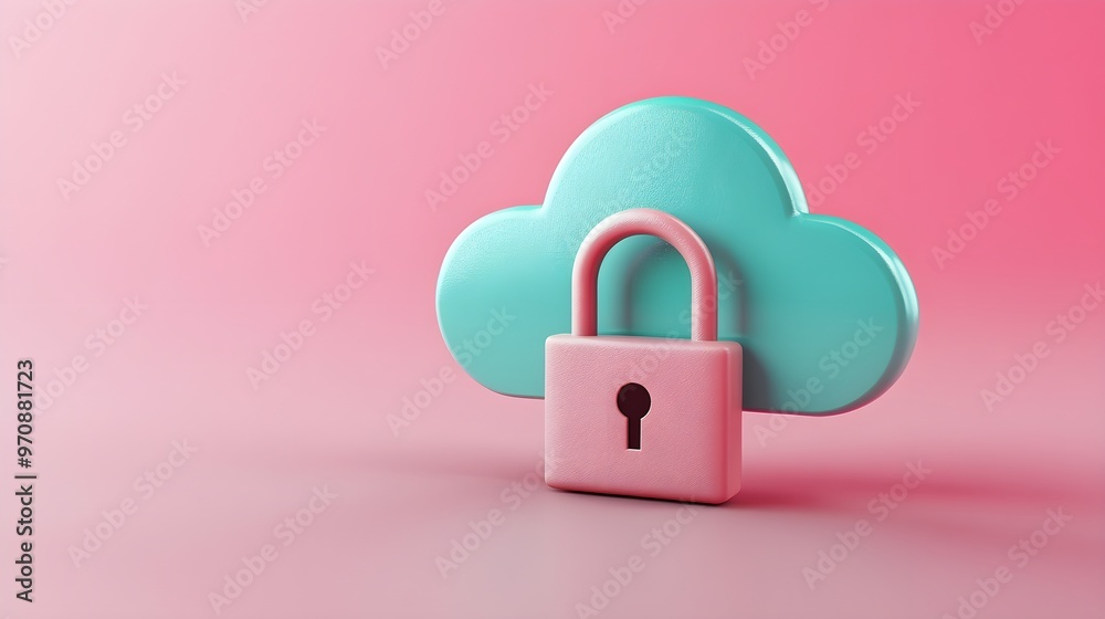 Pink Padlock Secure Cloud Icon on Pink Background Pink Padlock Secure Cloud Icon on Pink Background