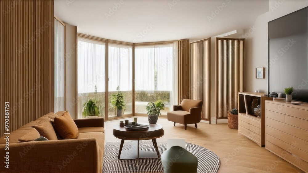 Light living room with folding screen, comfortable sofa, coffee table and chest of drawers Light living room with folding screen, comfortable sofa, coffee table and chest of drawers