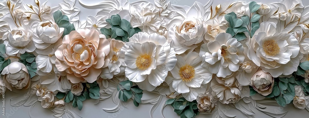 A festive flower composition with a white wooden background. An overhead view A festive flower composition with a white wooden background. An overhead view