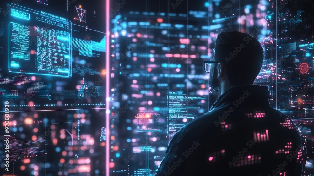 A man stands in front of a wall of digital data, illuminated by glowing lines and code. He is immersed in the digital world. A man stands in front of a wall of digital data, illuminated by glowing lines and code. He is immersed in the digital world.