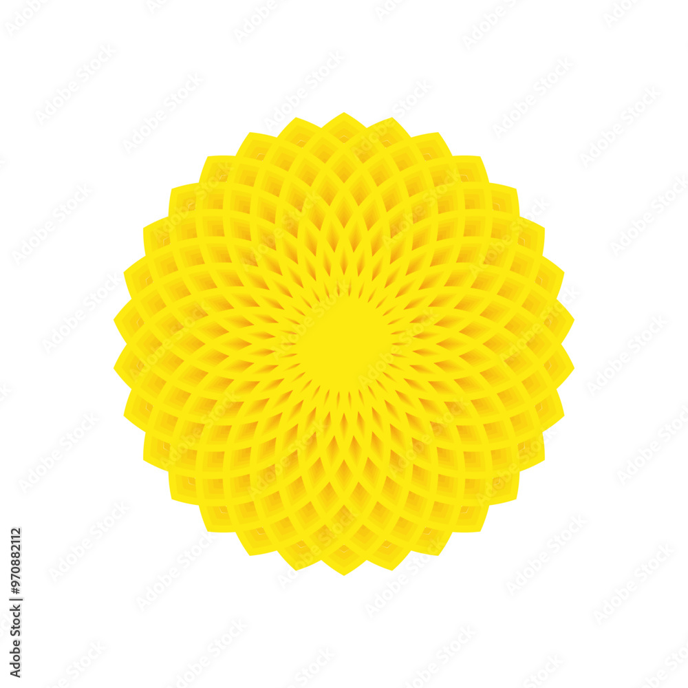 Yellow geometric flower. Radiating petal design. Symmetrical abstract pattern. Vector symbol. Yellow geometric flower. Radiating petal design. Symmetrical abstract pattern. Vector symbol.