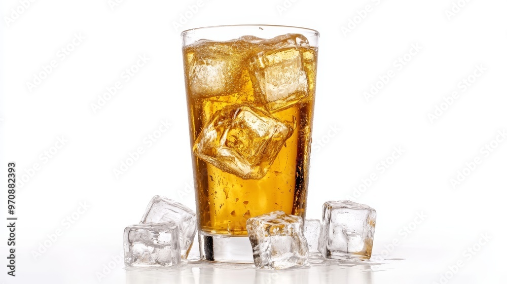 Original glass of Somersby pear cider with ice cubes on white. Original glass of Somersby pear cider with ice cubes on white.