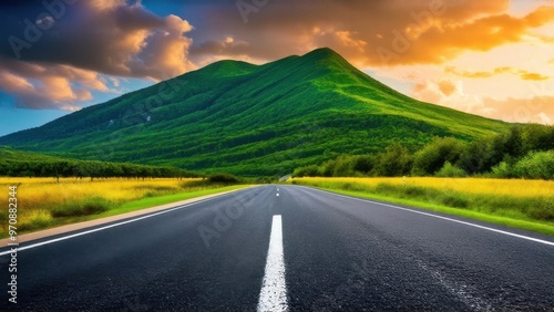 Asphalt highway road and green mountain with sky clouds at sunset