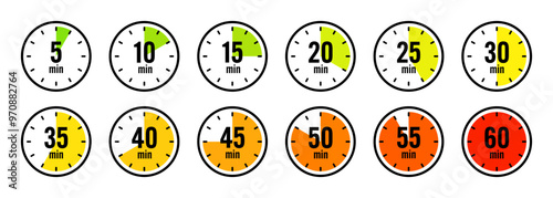 Stopwatch icons. Colorful simple chronometer, time counter with dial. Countdown timer showing hours and minutes. Deadline, measurement for sport. Cooking time label, sticker. Vector illustration