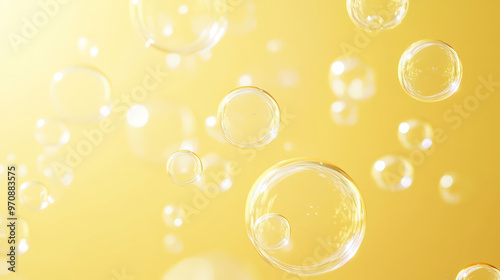 Wallpaper Mural Aesthetic transparent soap bubbles floating on yellow background. Detergents and cleaning products. Generative AI Torontodigital.ca