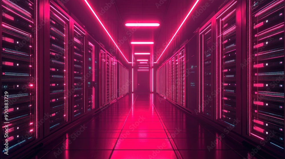 A long, narrow corridor lined with rows of servers, illuminated by pink neon lights. The floor is reflective, creating a mirrored effect. A long, narrow corridor lined with rows of servers, illuminated by pink neon lights. The floor is reflective, creating a mirrored effect.