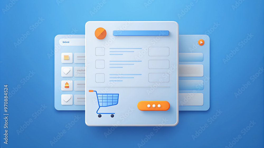 Stylized shopping cart interface with forms on a blue background Stylized shopping cart interface with forms on a blue background